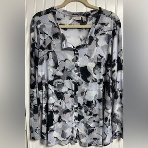 LOGO Lori Goldstein Watercolor Printed Mesh Button Cardigan Plus Sz 1X A474584